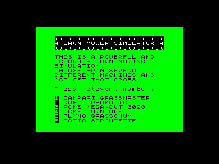 screenshot of the Amstrad CPC game Advanced Lawnmowing Simulator