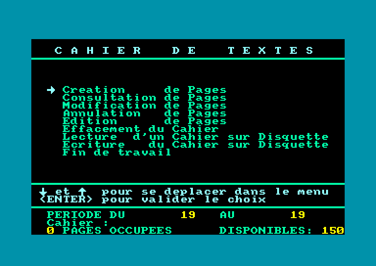screenshot du jeu Amstrad CPC Cahier de textes