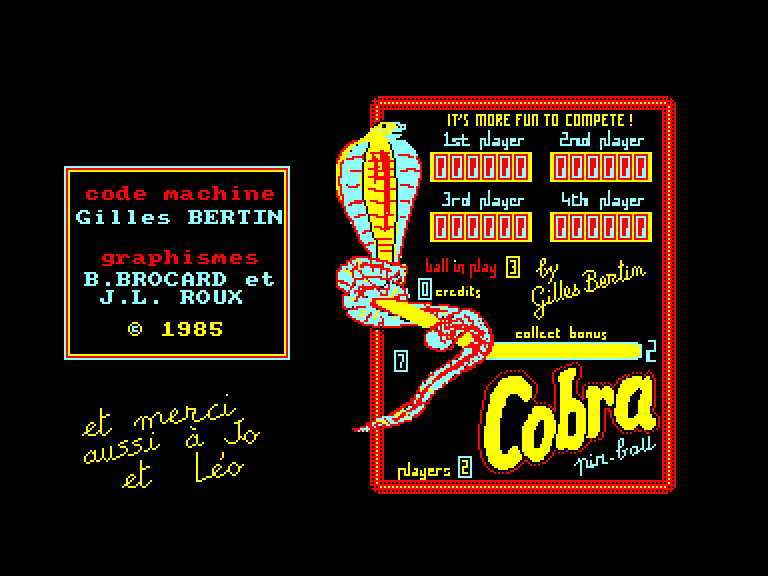 screenshot of the Amstrad CPC game Cobra Pinball