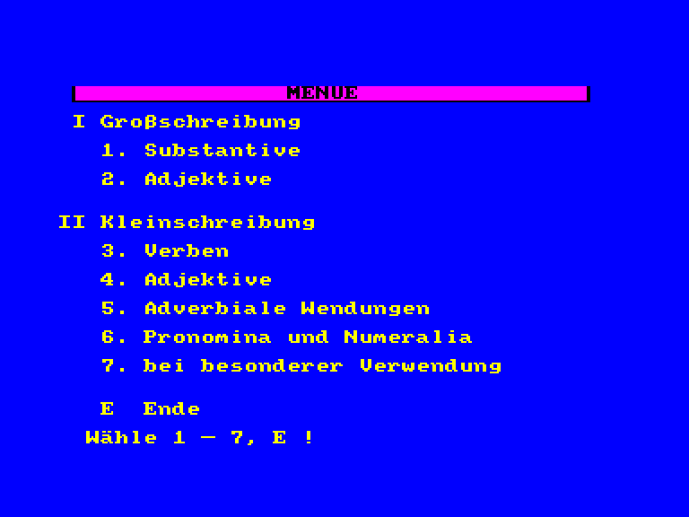 screenshot of the Amstrad CPC game Deutsch-Stunde 1 (die)