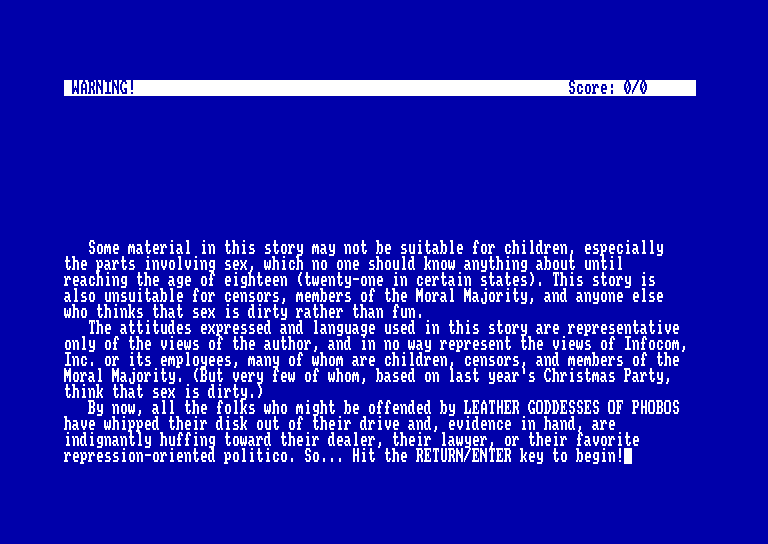 screenshot of the Amstrad CPC game Leather Goddesses of Phobos