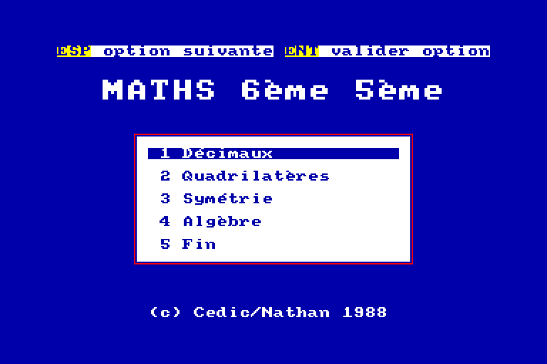 screenshot of the Amstrad CPC game Maths 6eme 5eme