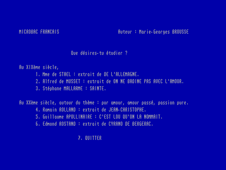 screenshot of the Amstrad CPC game Micro Bac Francais