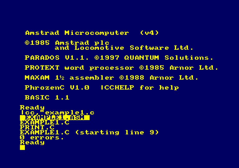 écran de PhrozenC, un compilateur C pour Amstrad CPC et PC