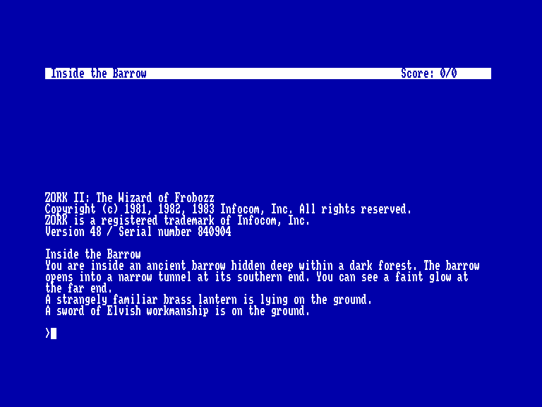 screenshot of the Amstrad CPC game Zork II: the wizard of frobozz
