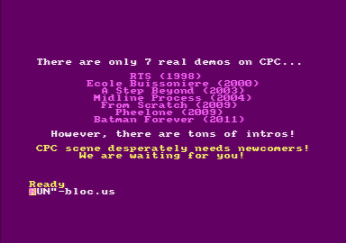 catalogue de la démo Amstrad CPC Bloc us